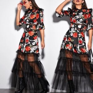 Skeleton Floral Tulle Layered 3/4 Sleeve Dress